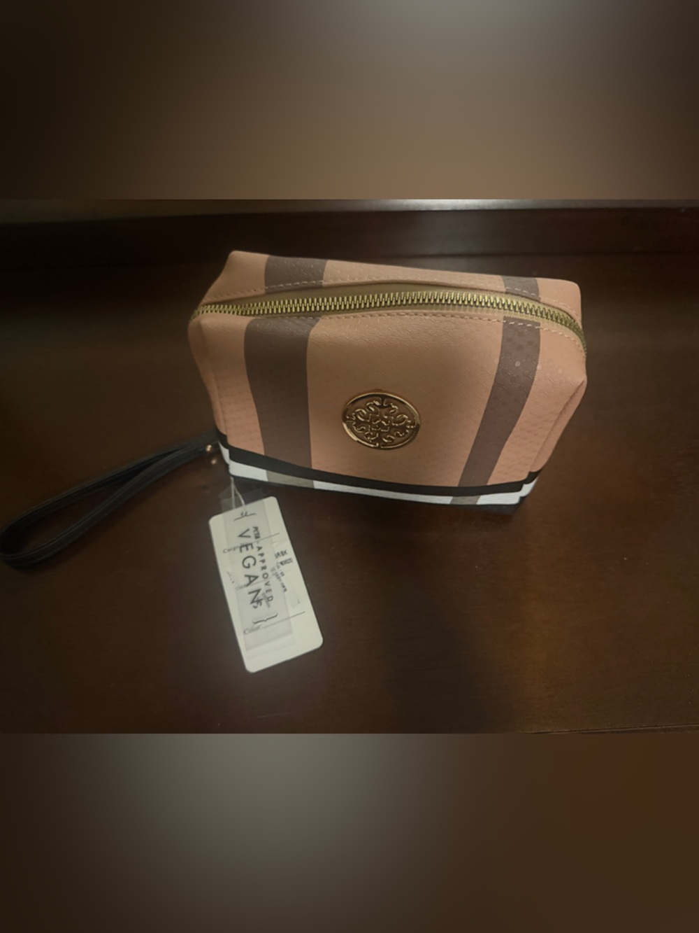Striped Vegan Wristlet Pouch in Black and Tan